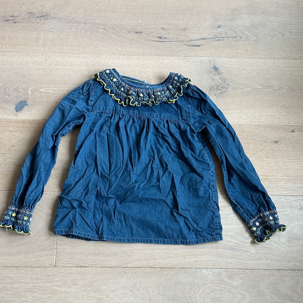 Mini boden girls smocked neck floral Blue Ruffled Kids long sleeve top size 7-8